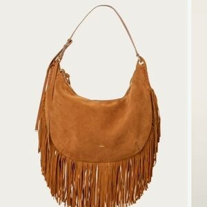 ba&sh Tan Suede Fringe Shoulder Hobo Bag XL